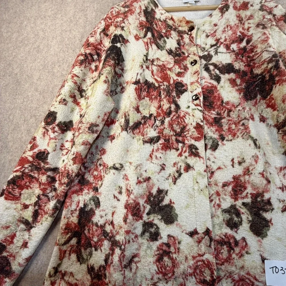 J. Jill Womens Floral Cardigan Sweater Red Cream Button Front‎ Knit Size L